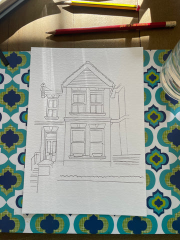 Watercolour house painting before - just a line drawing!