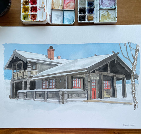 Norwegian winter cabin in the snow painted with watercolours for a commission 