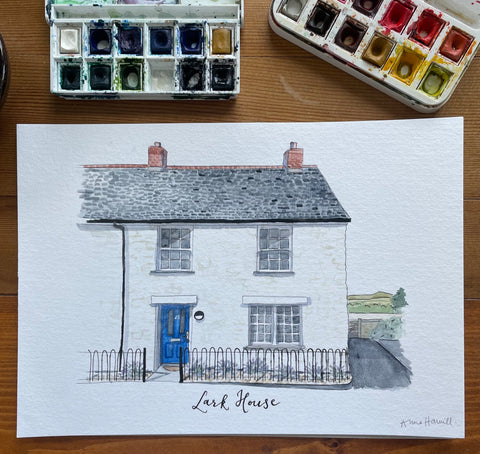 Lark house simple British cottage watercolour house painting with blue door