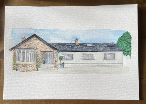 Long northern Irish house watercolour painting horizontal on A4