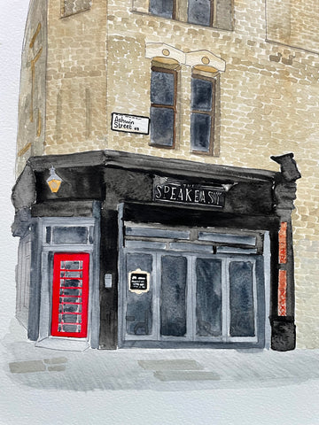 Watercolour painting of speakeasy pub in London for a wedding gift
