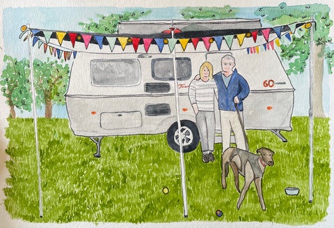 Caravan paintings to give as a meaningful gift, including bunting, dog and lots of luscious grass.