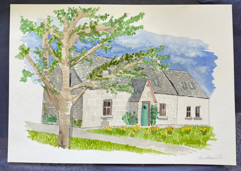 Cottage in England hand painted with watercolour and ink for a house painting commission