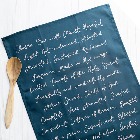 Identity in Christ tea towel hand lettered on navy blue, perfect homeware gift for Christmas