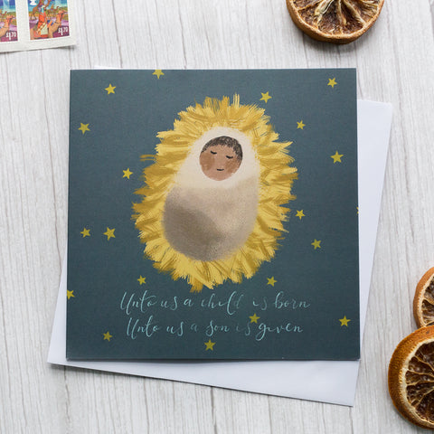 Unto us a child is born Christmas card keeping Jesus at the centre