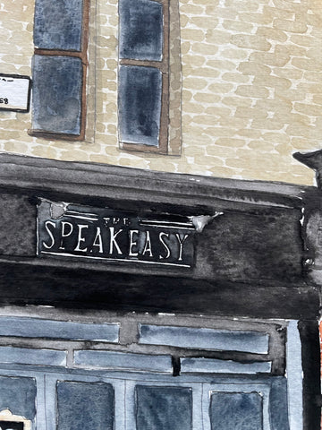 Speakeasy pub in London painting commission close up detail of the name sign