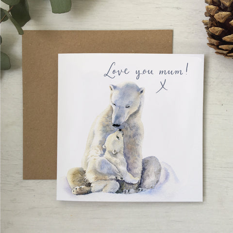 Mother’s Day card featuring a watercolour illustration of a polar bear and her cub