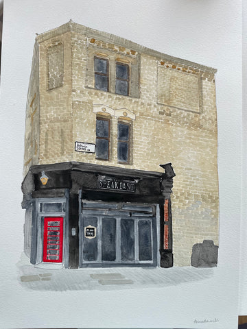Speakeasy pub in London watercolour painting commission as a wedding gift.
