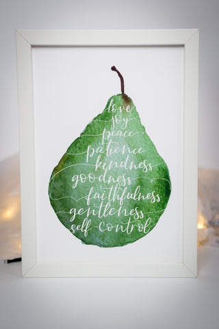 Christian Fruit of the spirit giclée print of a watercolour pear with hand lettered words
