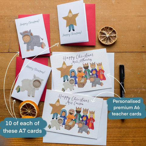 Children’s Christmas cards for pupils with nativity play characters on them