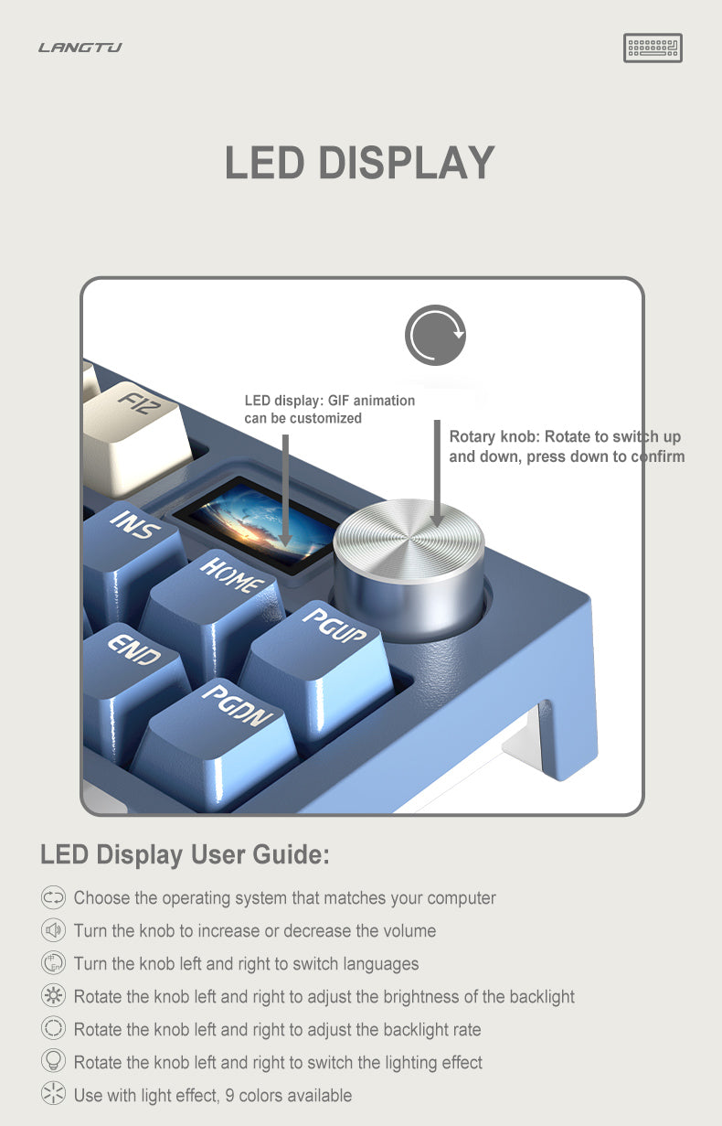 LANGTU LT-84 Sandwich Mount 84-Key Tri-Mode Connection 100% Hotswap RGB Backlit Mechanical Gaming Keyboard ft. Self-Lubricating Switches, LED Display & Rotary Knob