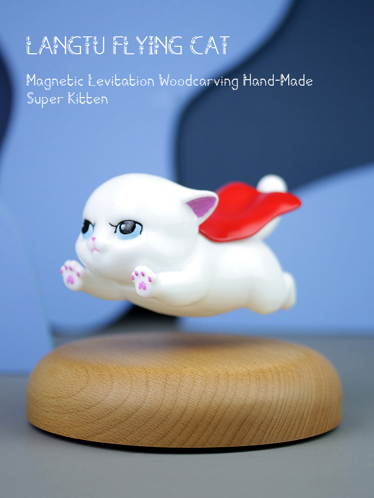 LANGTU Flying Cat Magnetic Levitation Woodcarving Hand-Made Super Cat Cartoon Kitten for Decor, Toy & Gift
