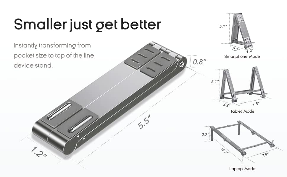 LANGTU 3-IN-1 Foldable Portable Adjustable Aluminum Stand for Laptop, Tablet & Smartphone Silver / Grey