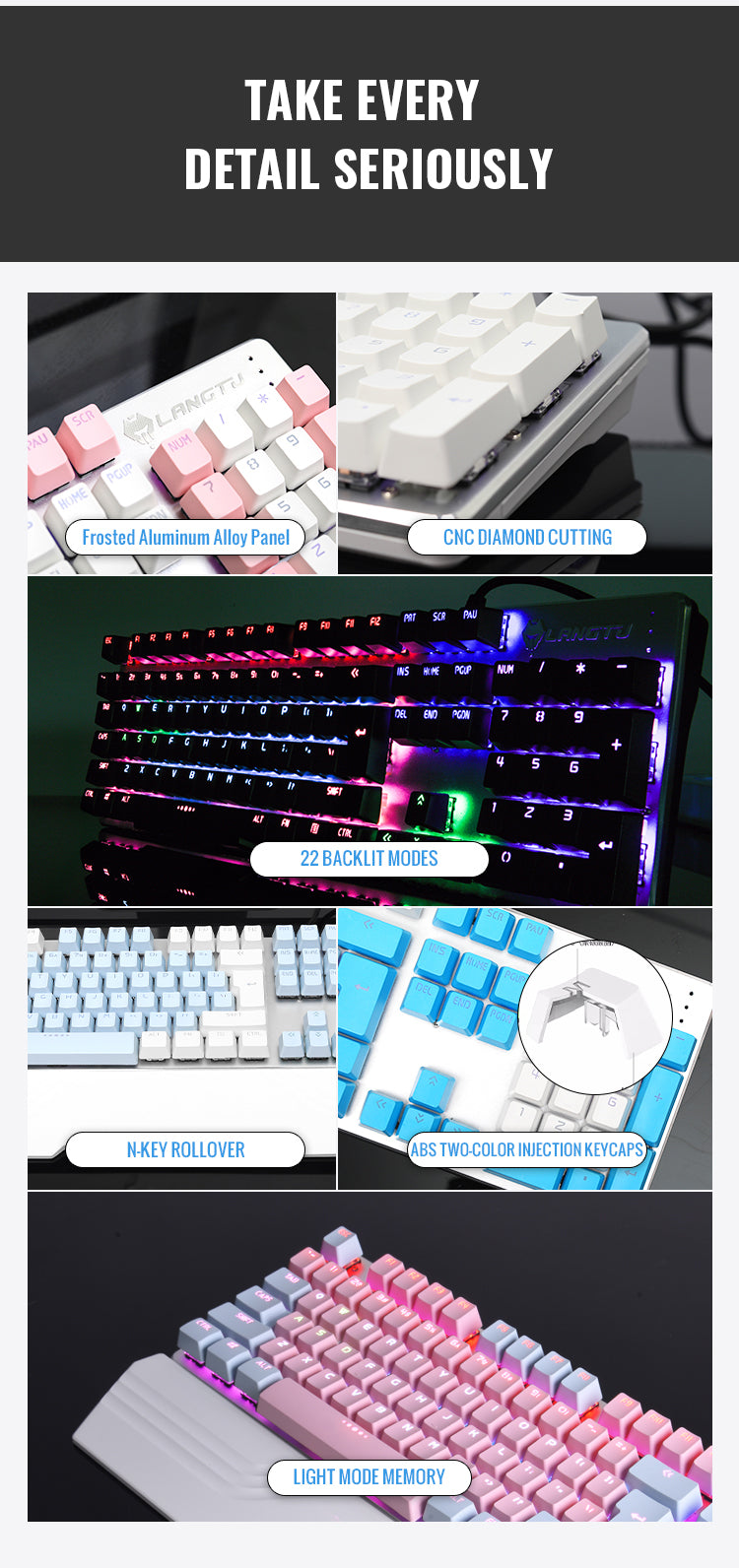 LANGTU G700 Multicolored Macro Programmable 104-Key Anti-Ghosting Full-Metal Mechanical Keyboards with Magnetic Wrist Rest, Replaceable Switches and 22 Backlit Modes