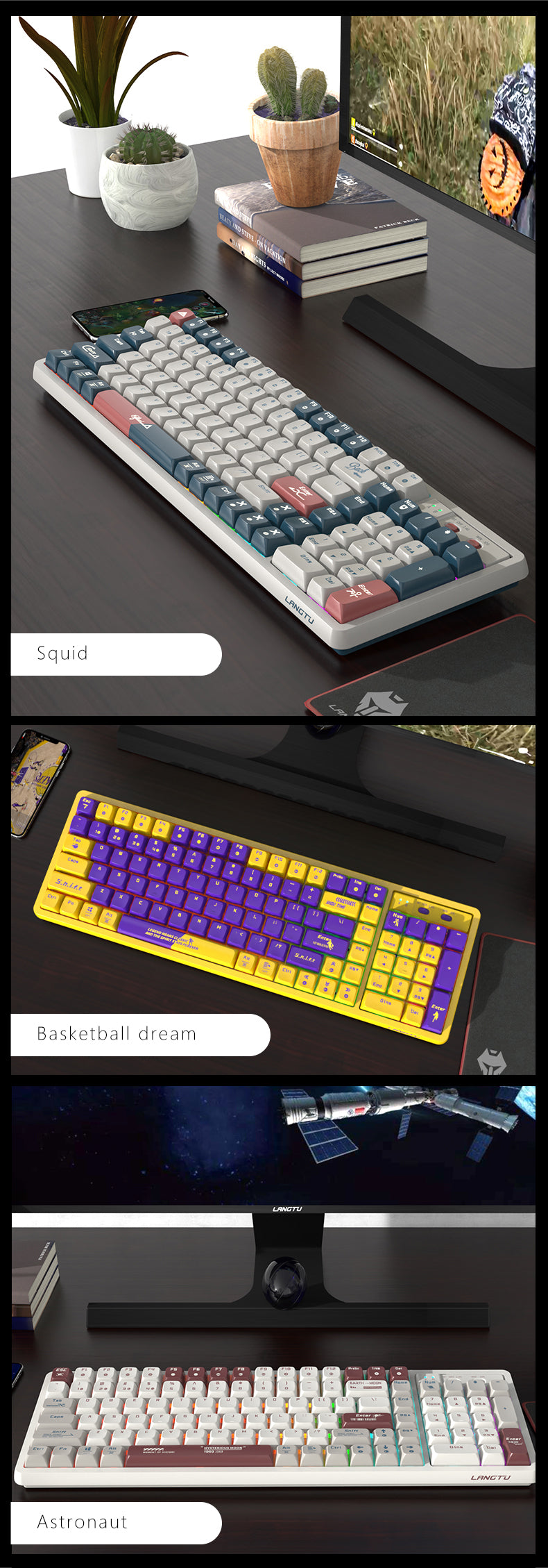 LANGTU LT-L8 Squid Themed 102-Key Tri-Mobe Connection 100% Hotswap RGB LED Backlit Mechanical Gaming Keyboard ft. Red Linear CIY Customized Switches & PBT Keycaps