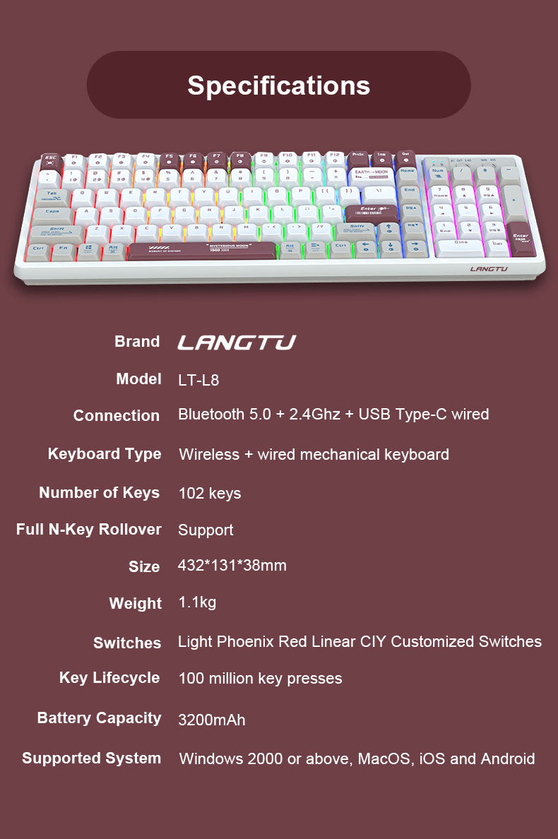 LANGTU LT-L8 Space Explorer Themed 102-Key Tri-Mobe Connection 100% Hotswap RGB LED Backlit Mechanical Gaming Keyboard ft. Red Linear CIY Customized Switches & PBT Keycaps