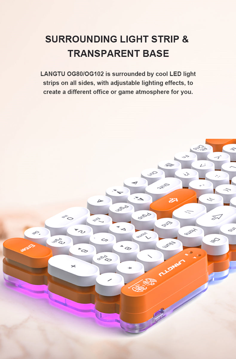 LANGTU OG80/OG102 Tri-Mode Hollowed-Out Honeycomb Structure Waterproof Membrane Keyboard ft. Surrounding Light Strip, Suspension Punk Keycaps, Adjustable Lighting Effect & Transparent Base