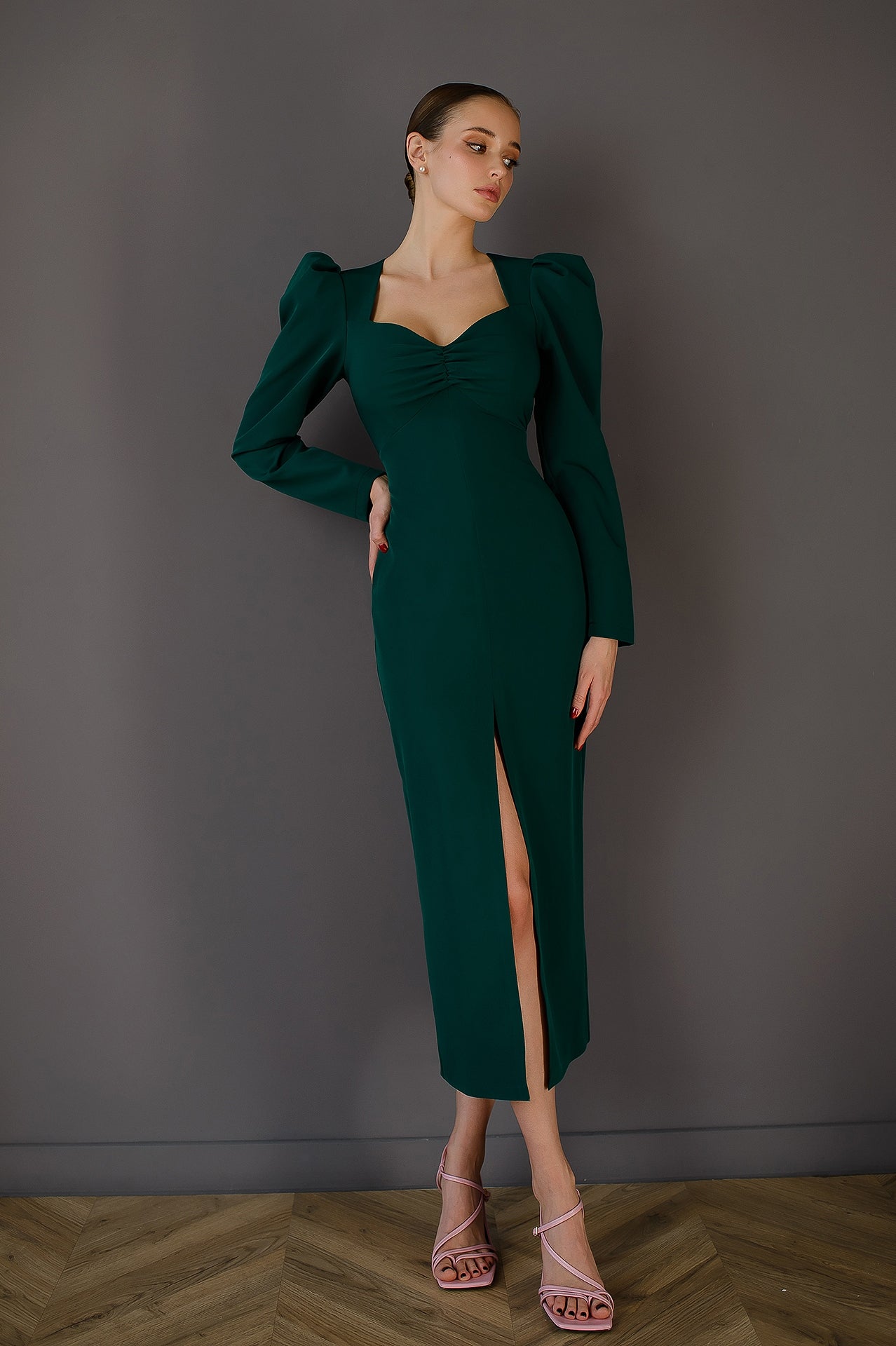 Anne Emerald Puff Sleeve Midi Dress