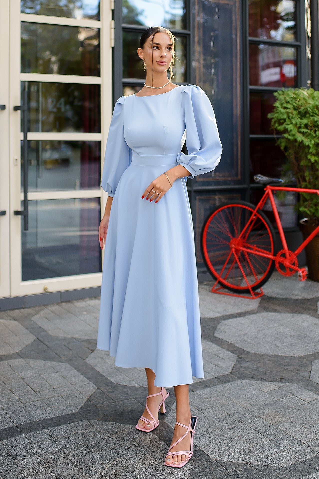 Sky-Blue Backless Puff Sleeve Midi Dress