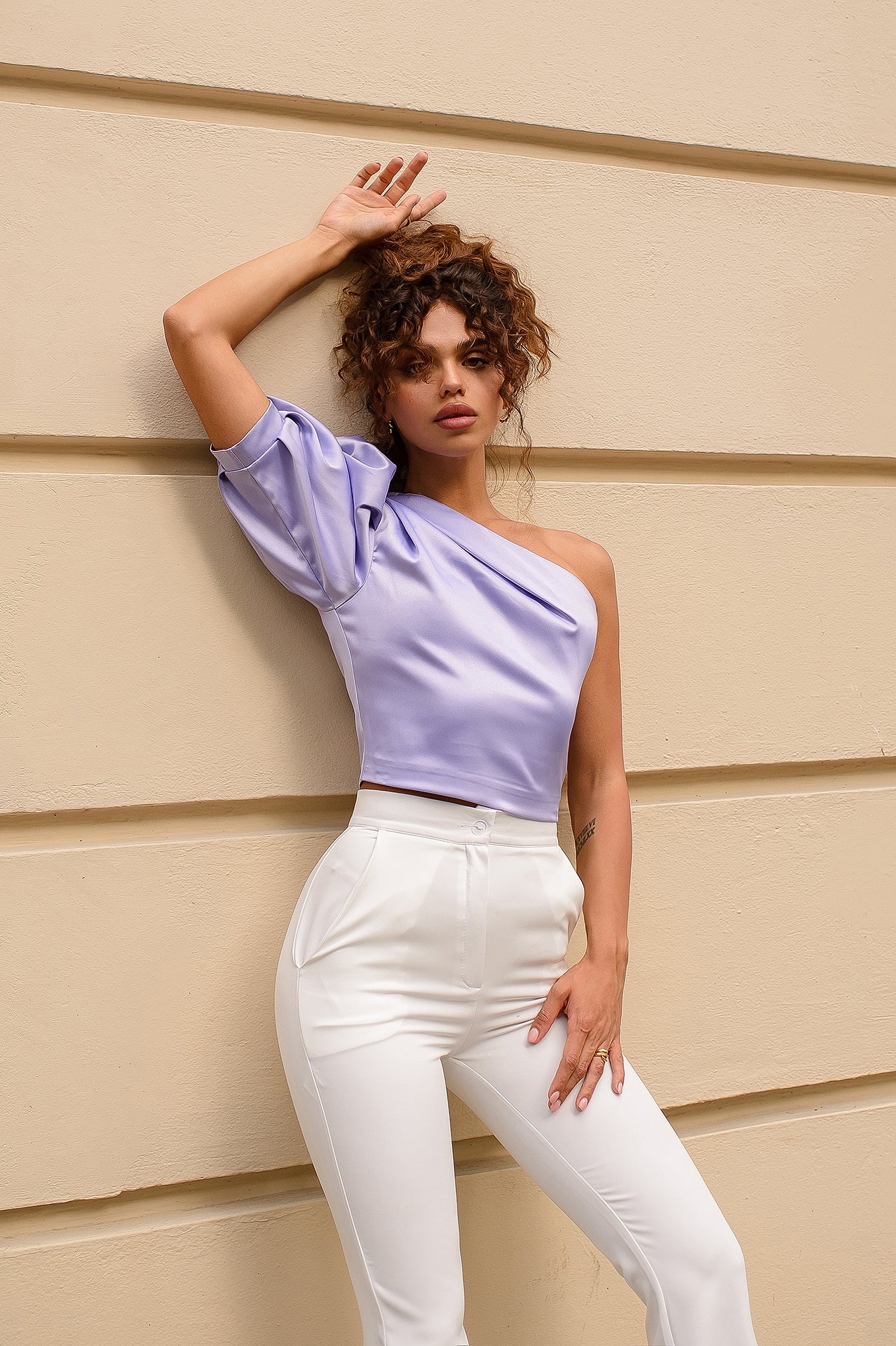 Lavender Satin One-Shoulder Top