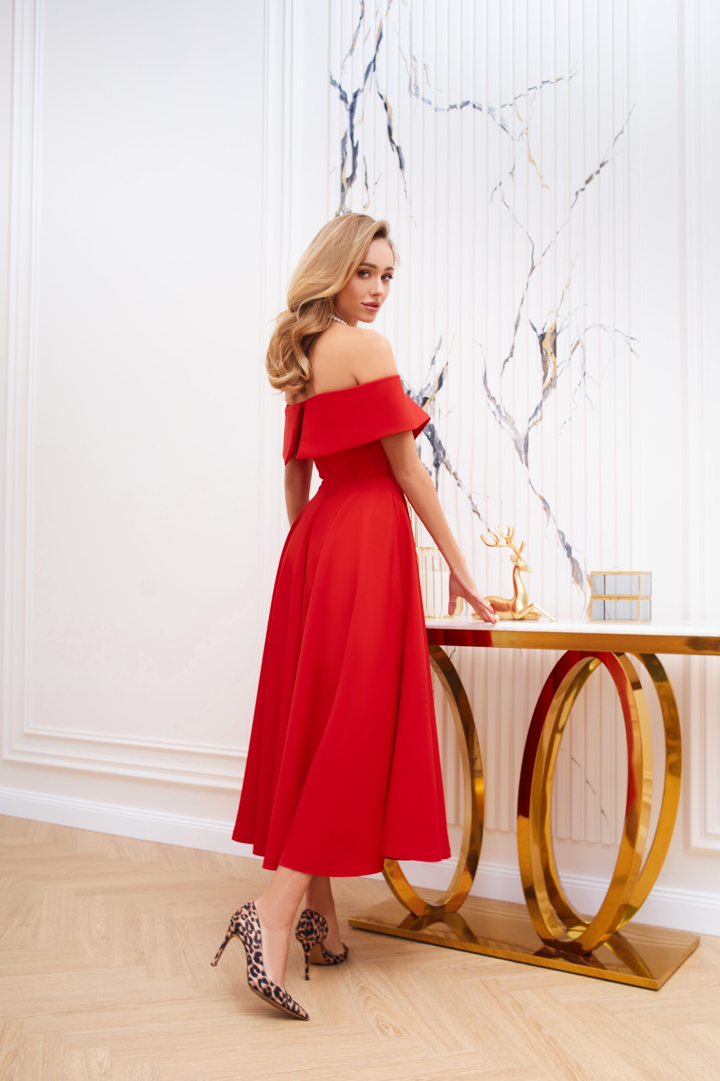 Red Off-The-Shoulder Midi Dress