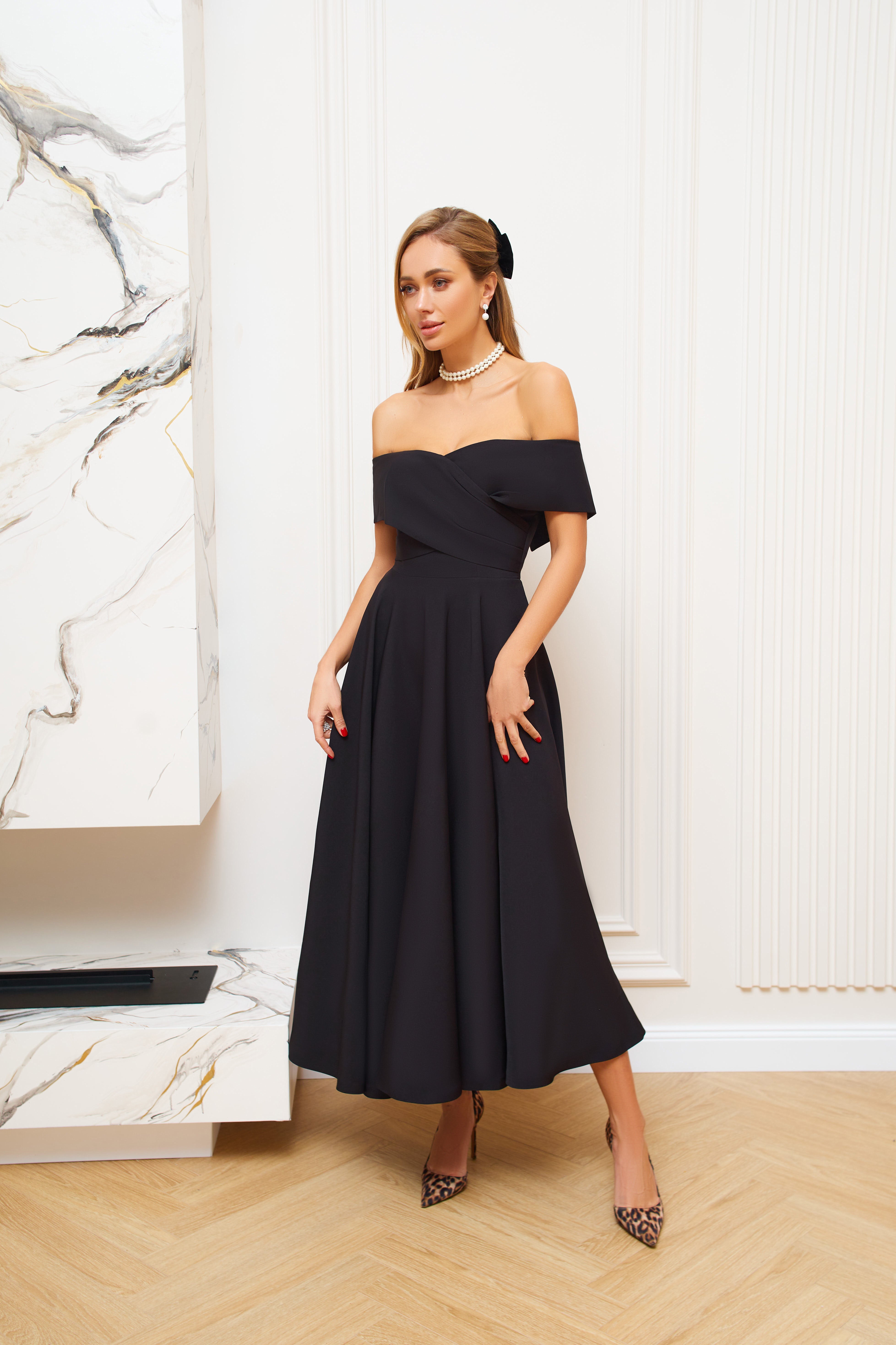 Black Off-The-Shoulder Midi Dress