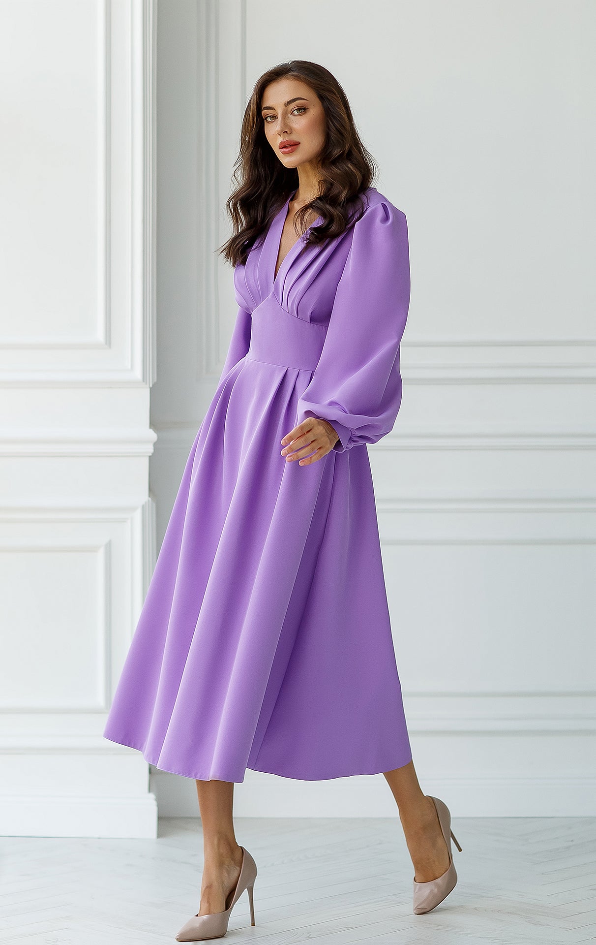 Purple V-Neck Puff-Sleeve Midi Dress