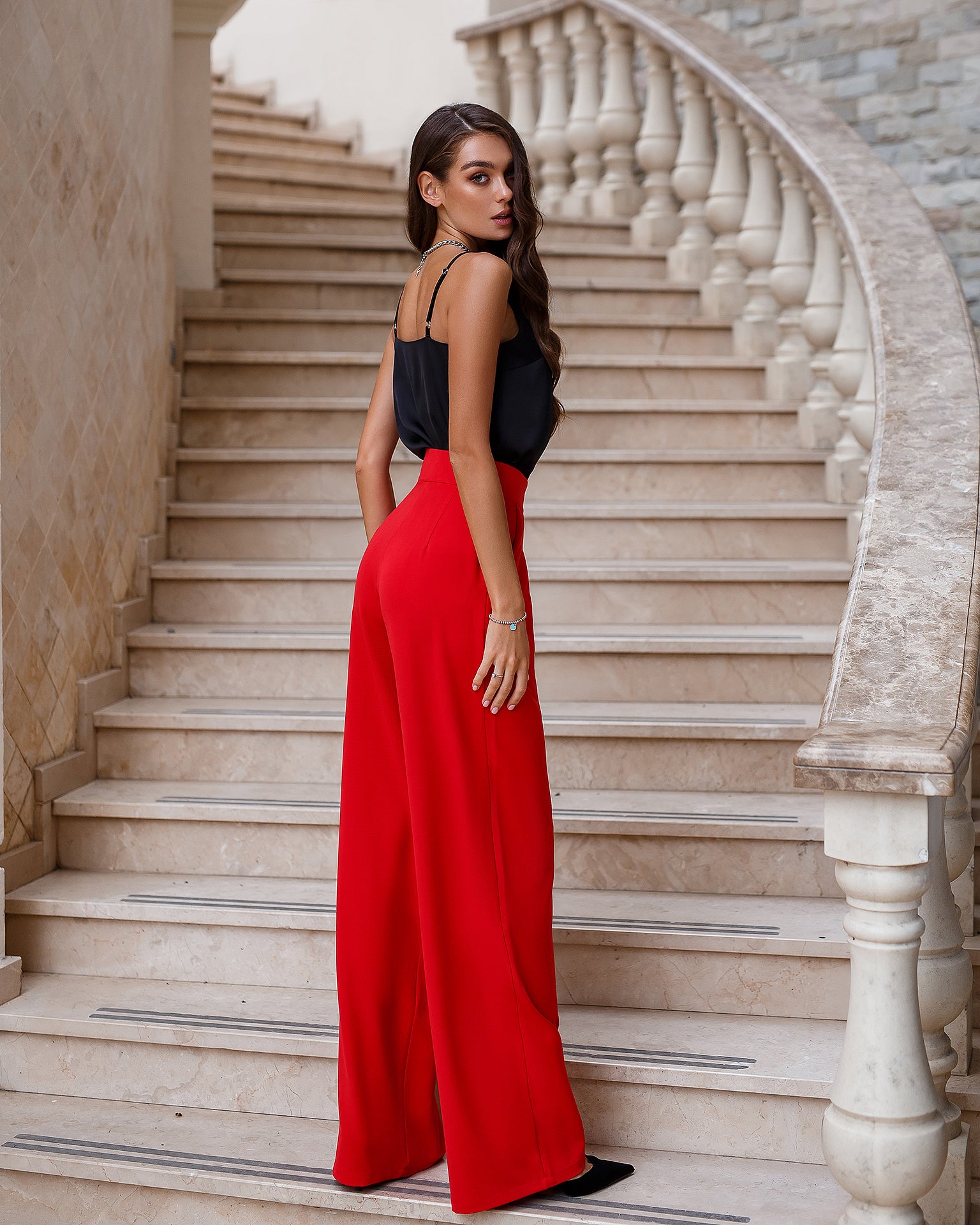 Red High Waist Fitted Palazzo Pants