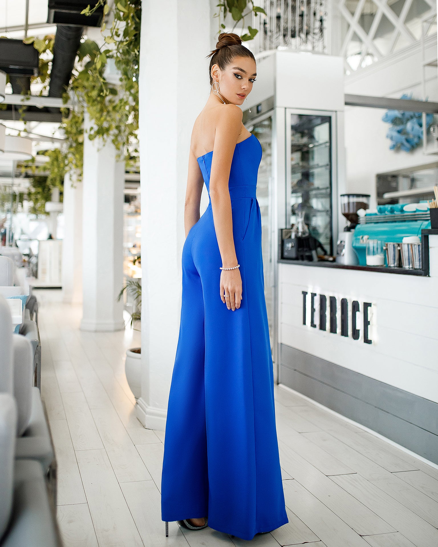 Blue Strapless V-Neck Jumpsuit