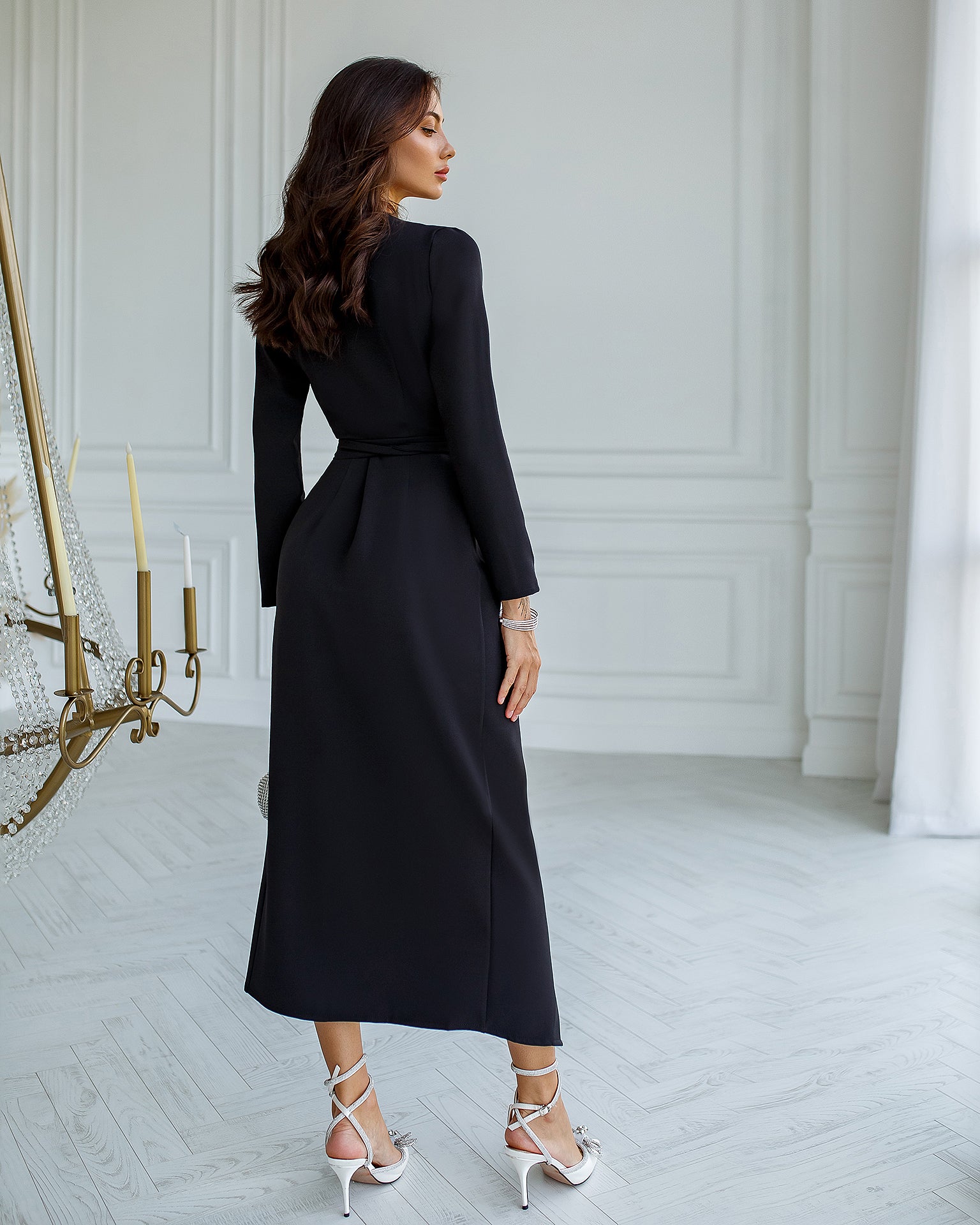 Black Wrap Long Sleeve Collarless Maxi Dress