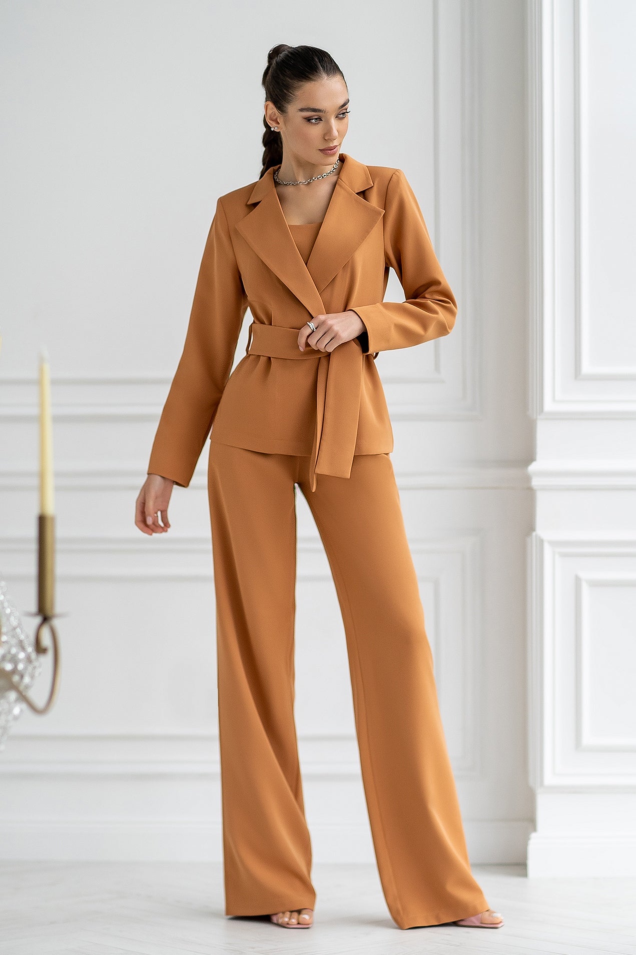 Camel Belted Wide-Leg Suit 3-Piece