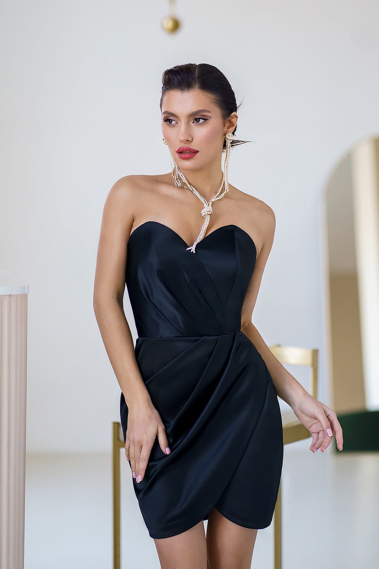 Black Satin Strapless Mini Dress