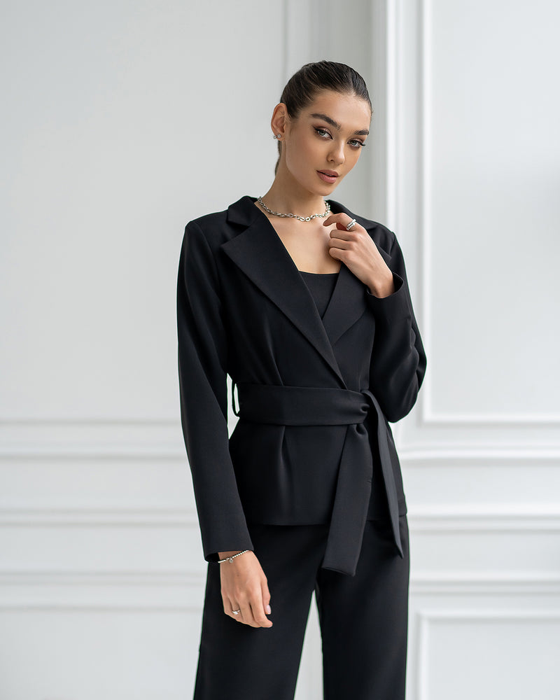 Black Belted Wide-Leg Suit 3-Piece – ELAGIA