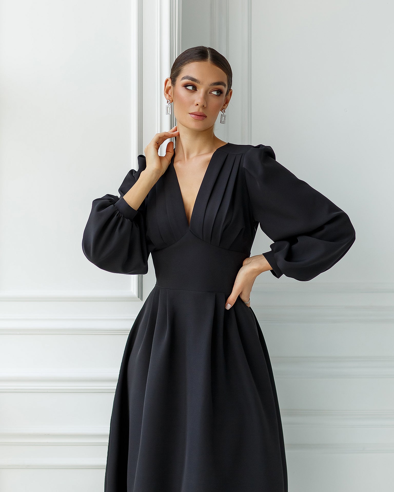 Black V-Neck Puff-Sleeve Midi Dress