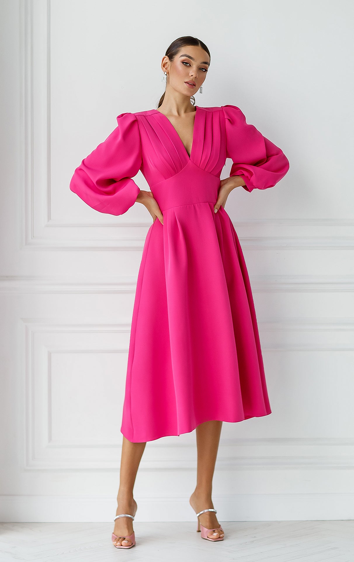 Crimson V-Neck Puff-Sleeve Midi Dress