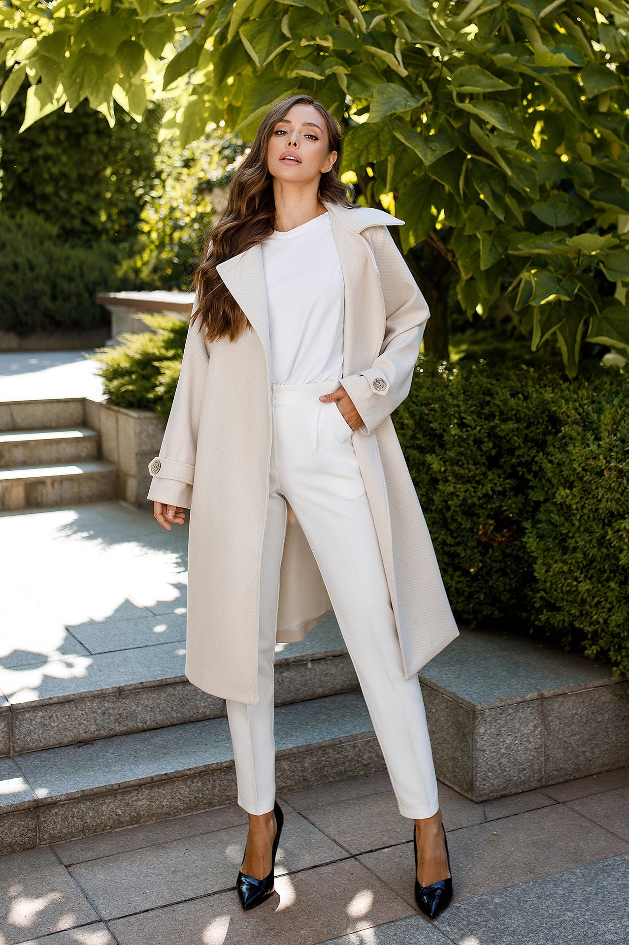 Casual Milky-White Wool Belted Coat