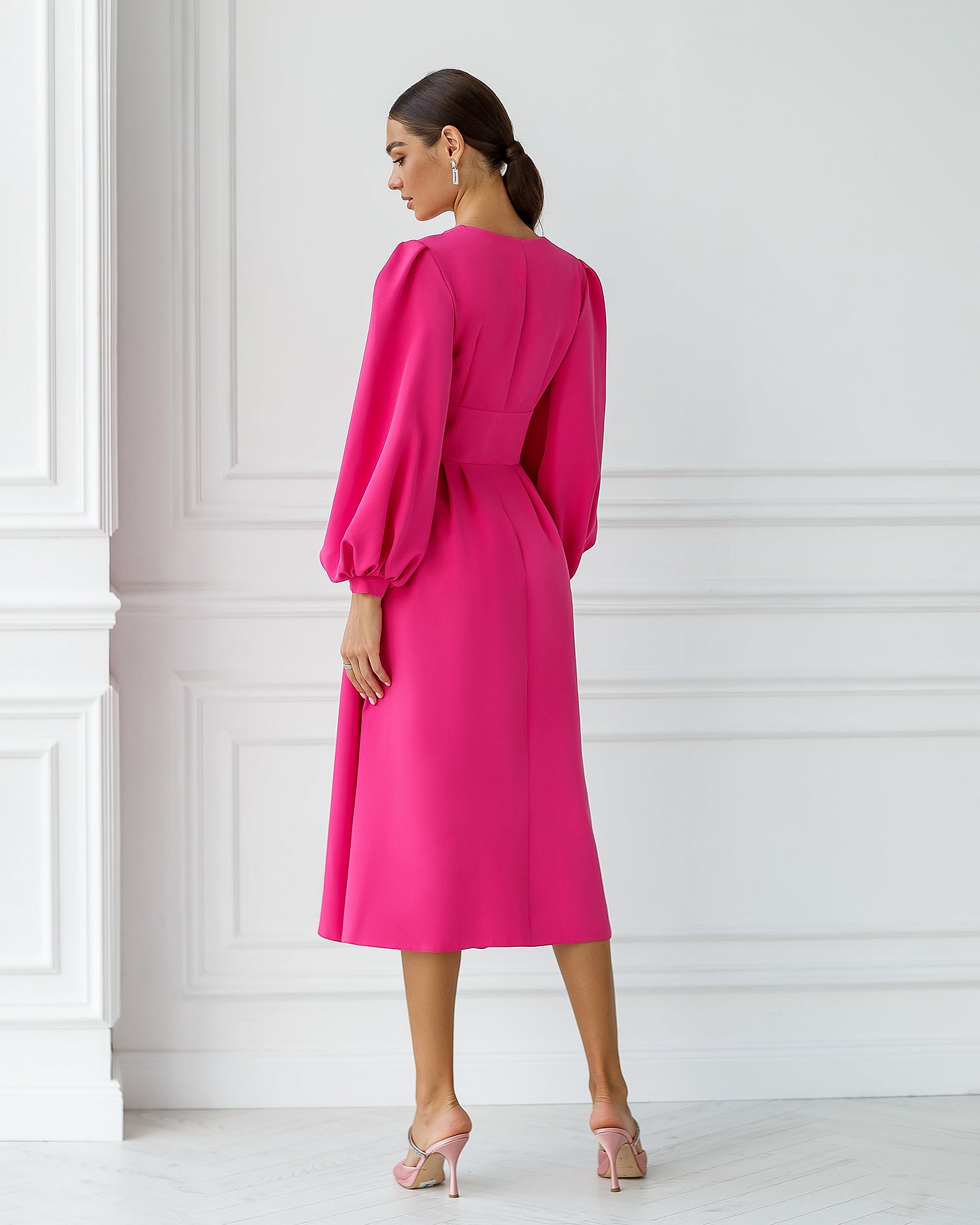 Crimson V-Neck Puff-Sleeve Midi Dress