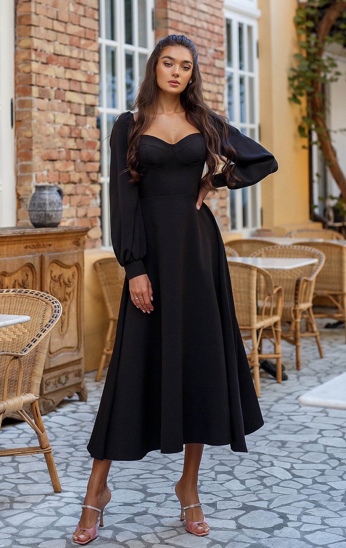 Black Puff-Sleeve Midi Dress