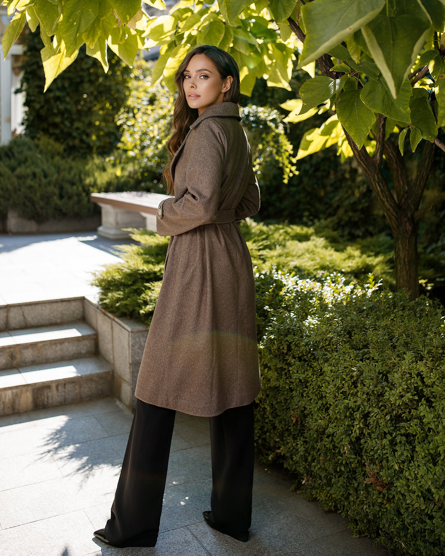 Casual Brown Wool Belted Coat