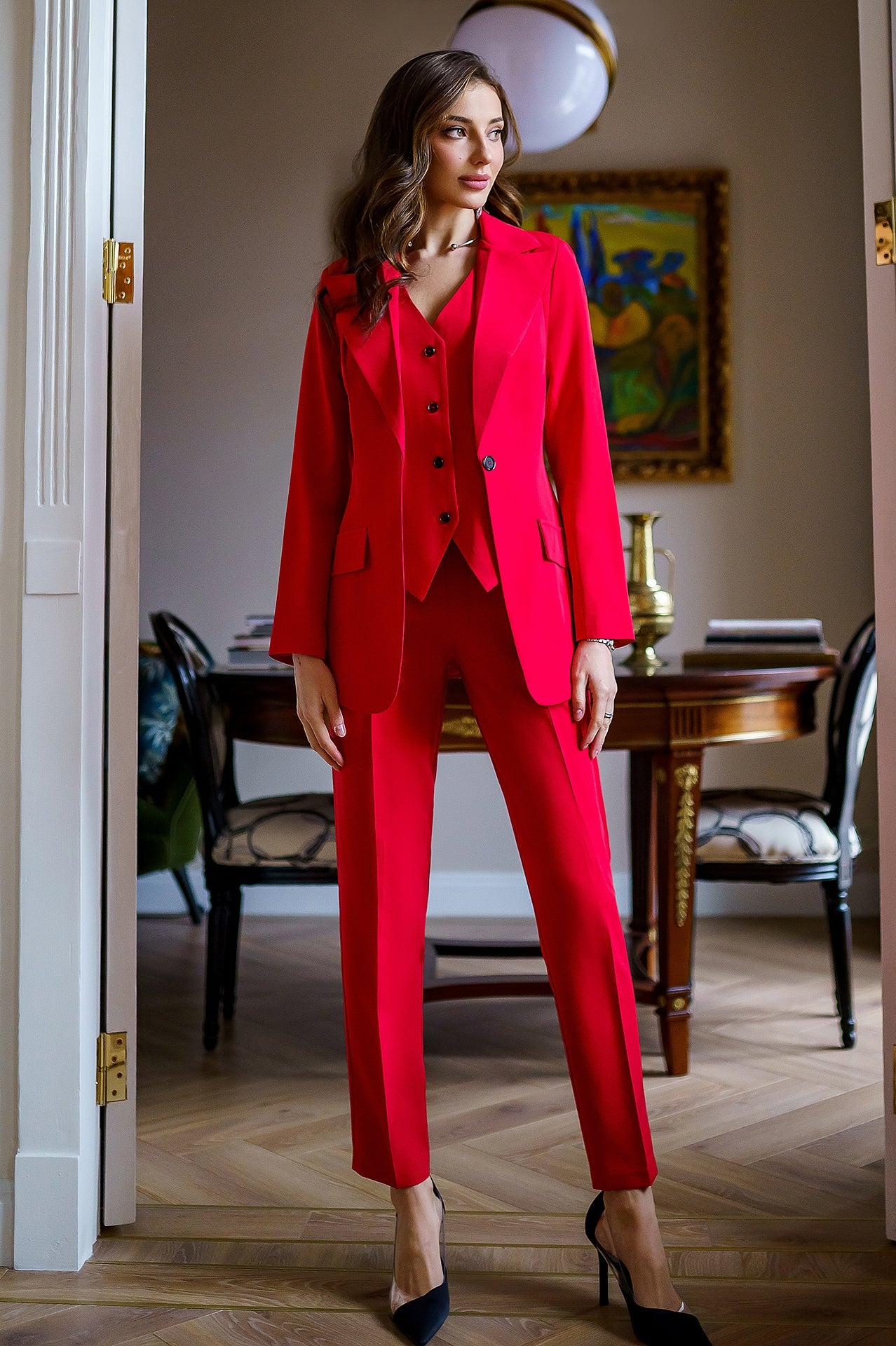 Red Office Slim-Fit 3-Piece Suit