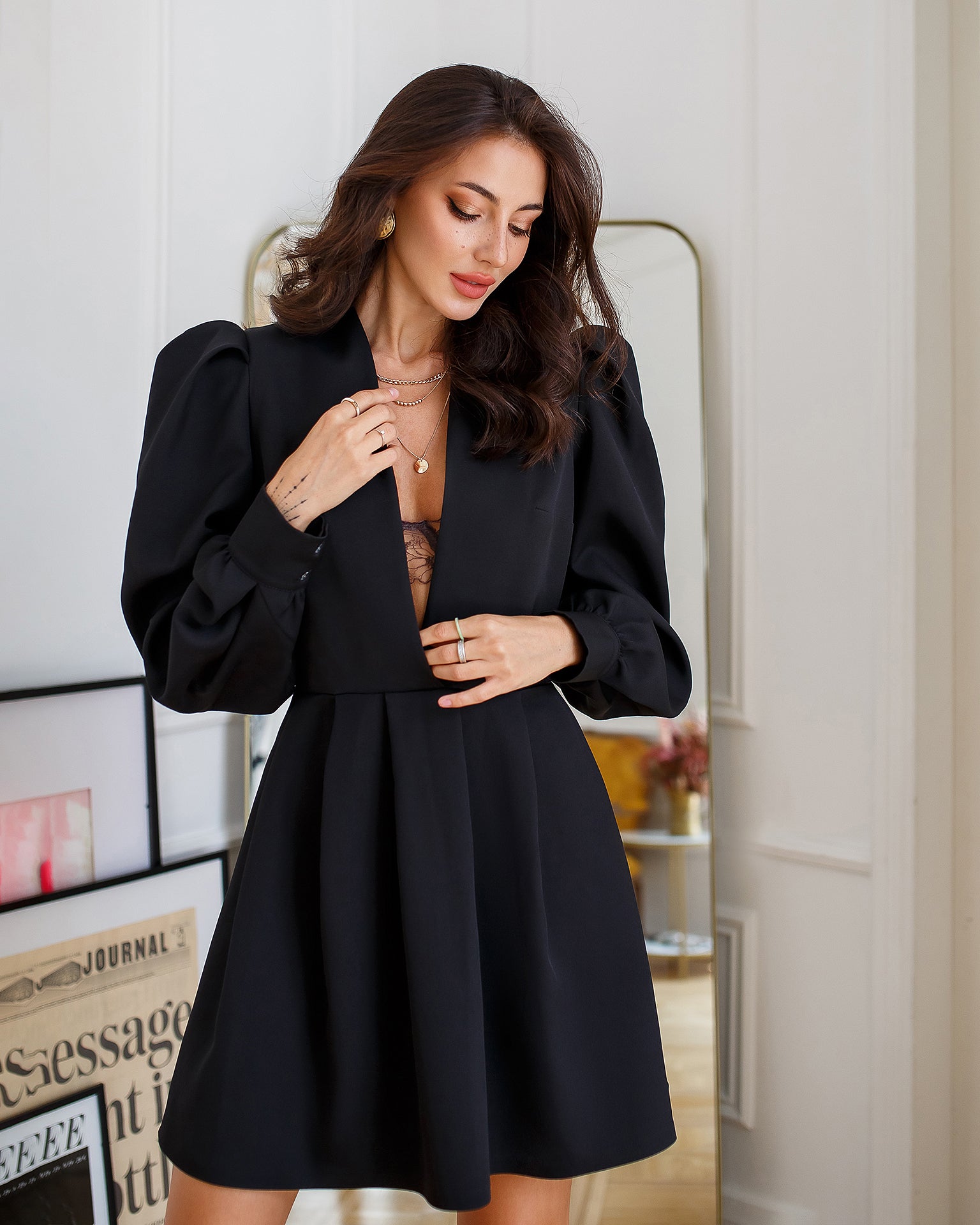 Black Puff-Sleeve V-Neck Mini Dress – ELAGIA