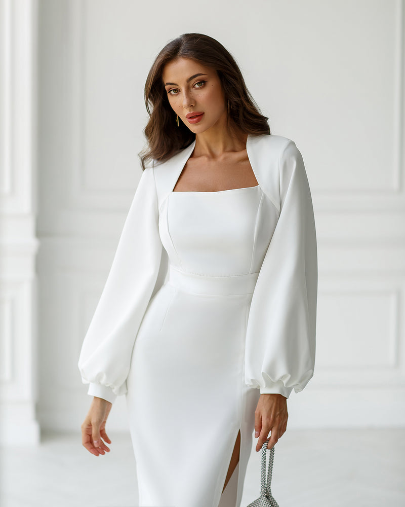 White Square Neck Puff-Sleeve Midi Dress – ELAGIA