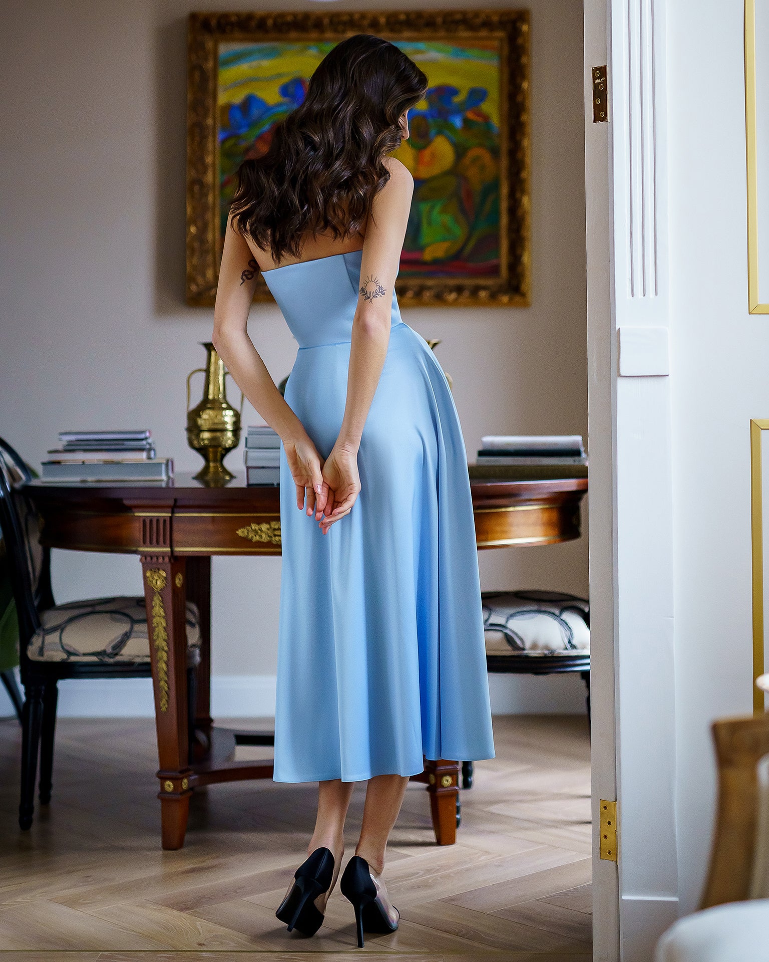 Sky-Blue Satin Corseted Strapless Dress