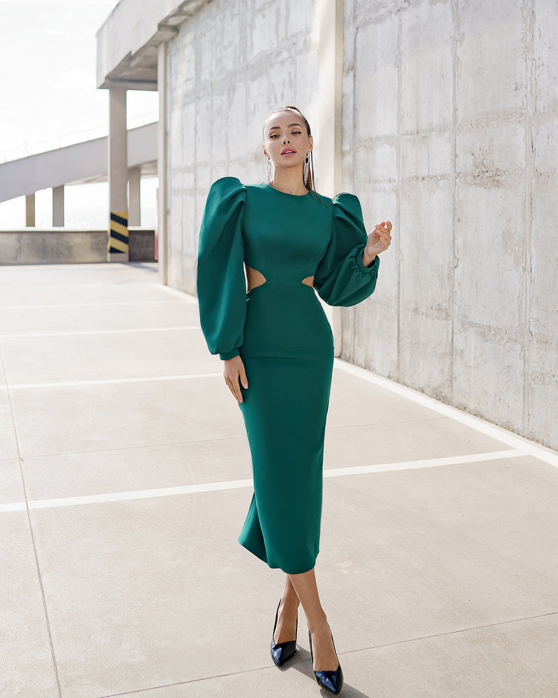 Green Backless Cut-Out Puff-Sleeve Midi Dress – ELAGIA