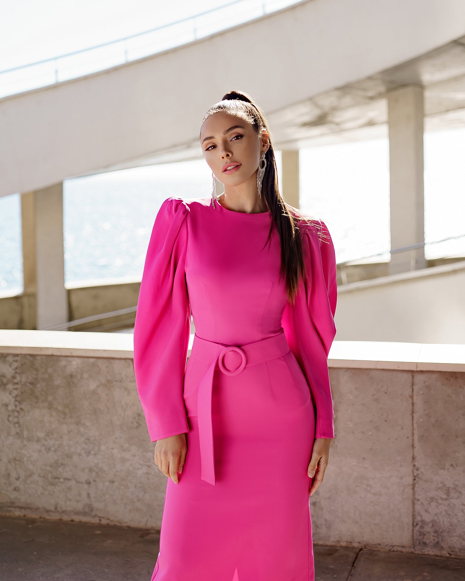 Crimson Puff-Sleeve Belted Midi Dress