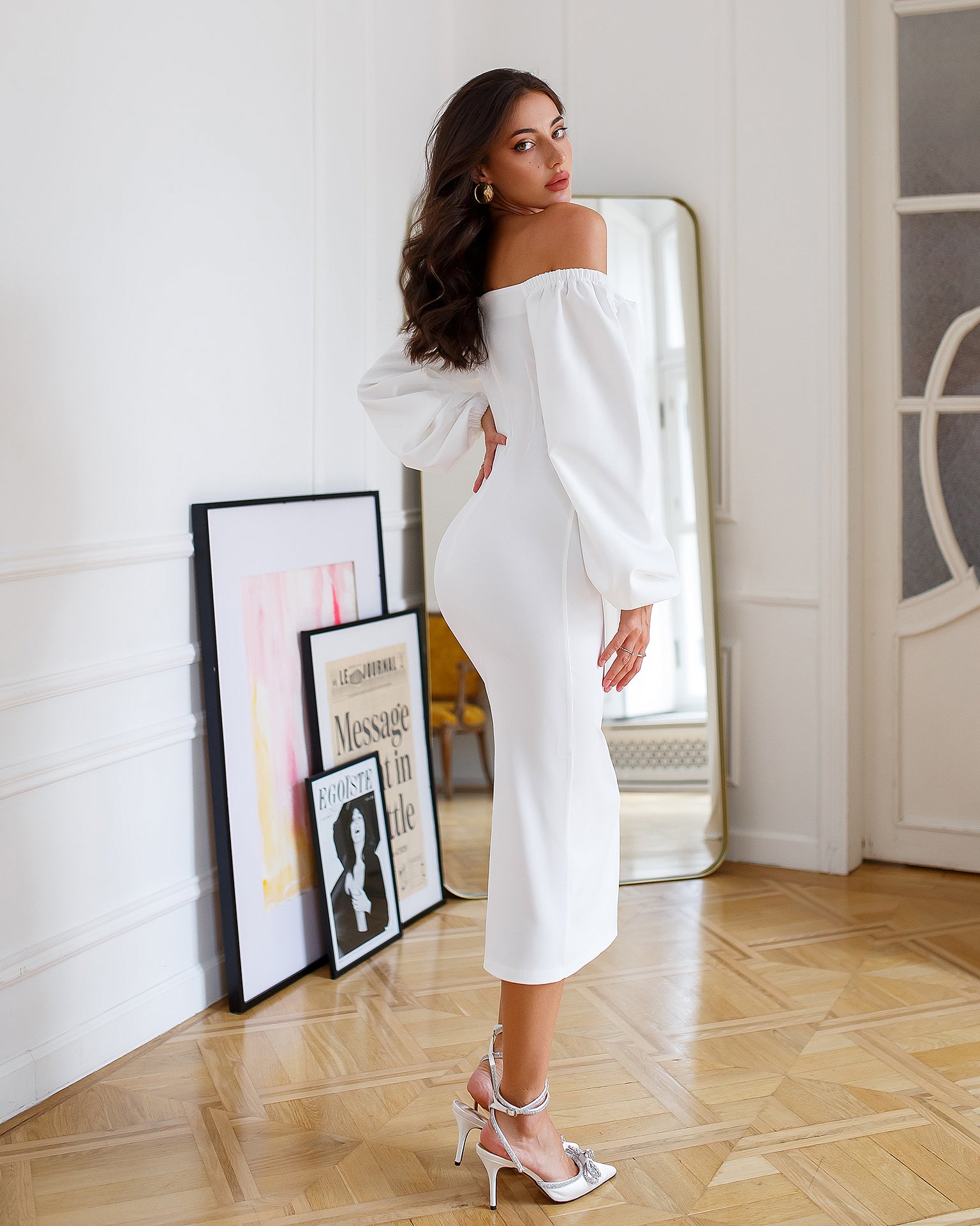 White Puff-Sleeve Midi Dress