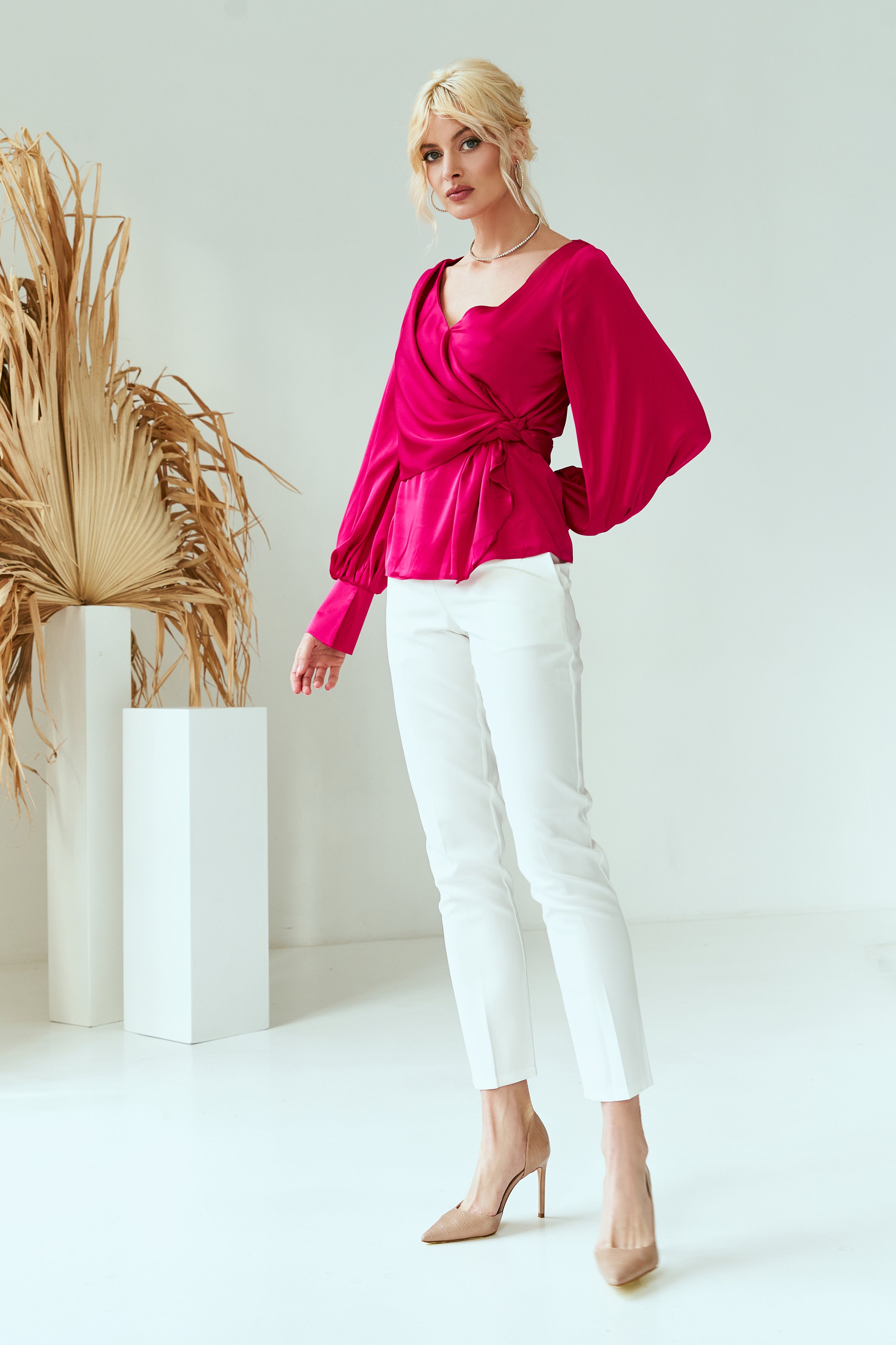 Crimson Silk Puff-Sleeve Wrap Blouse