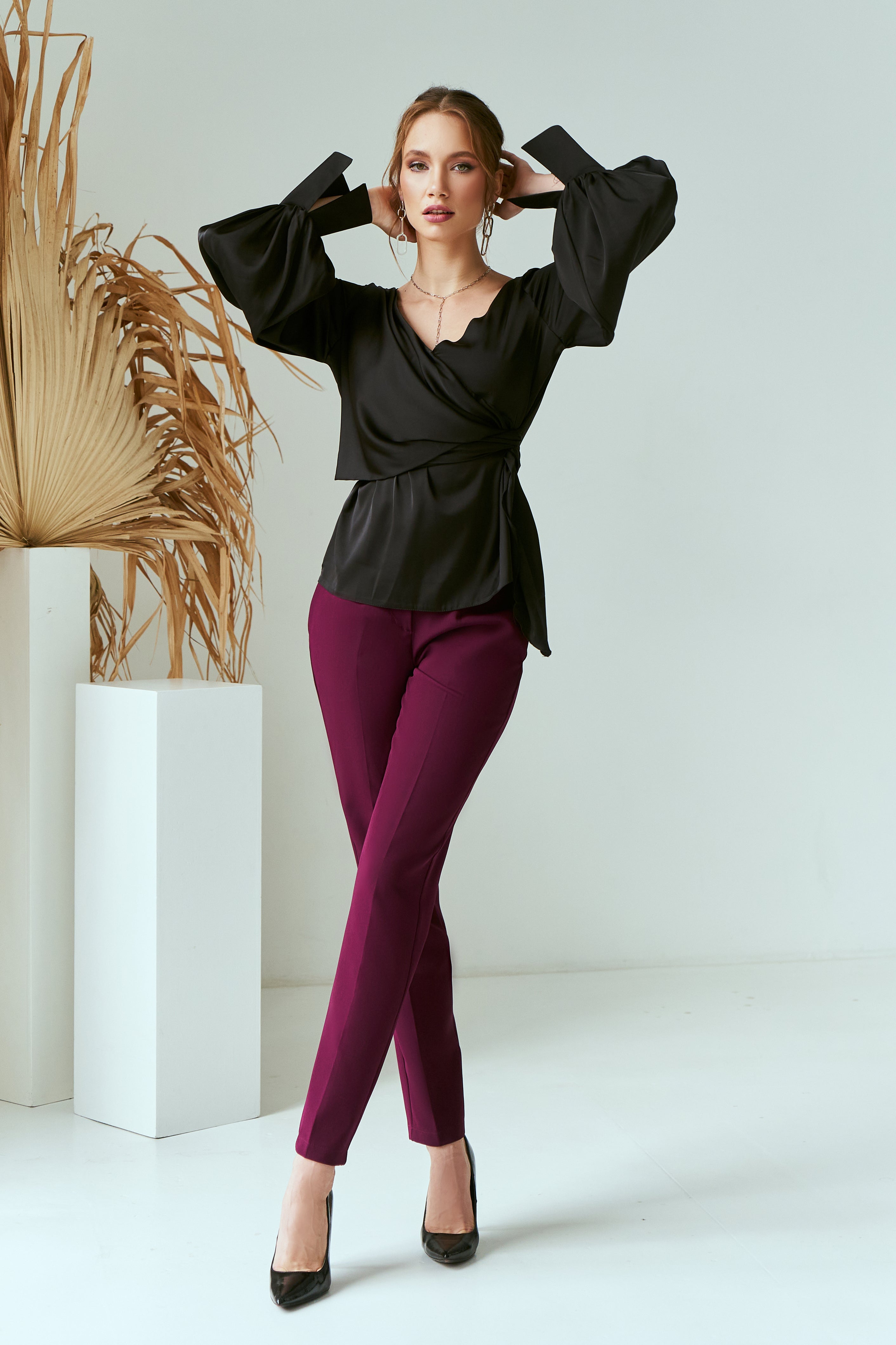 Black Silk Puff-Sleeve Wrap Blouse