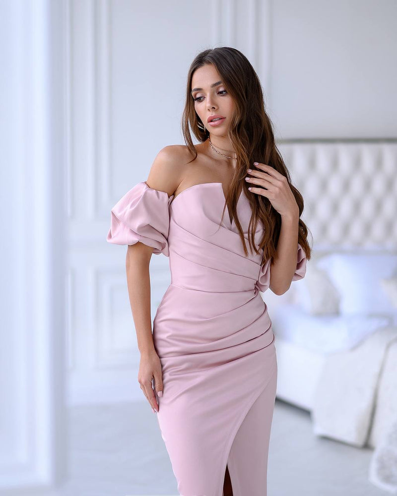 Dusty Pink Satin Puff-Sleeve Midi Dress – ELAGIA
