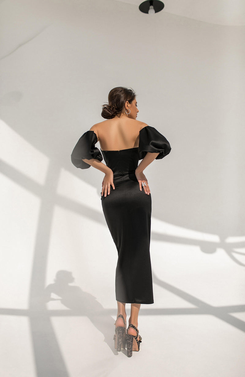 Black Satin Puff-Sleeve Midi Dress – ELAGIA